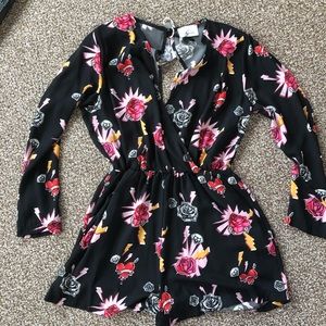Rose and diamond black long sleeve romper